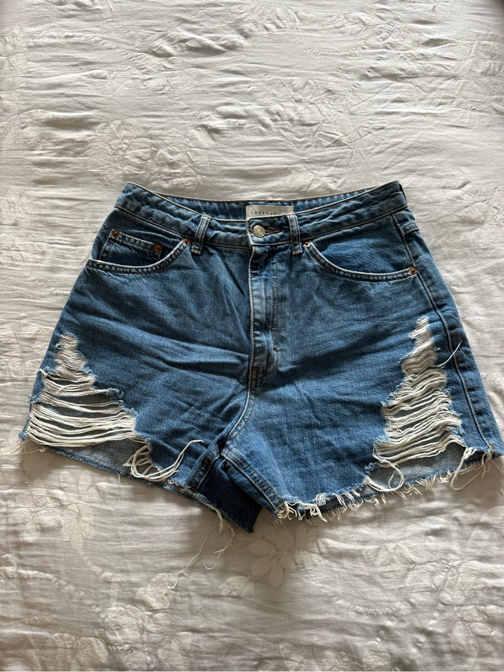 Topshop Distressed High-Rise Denim Shorts - Blue